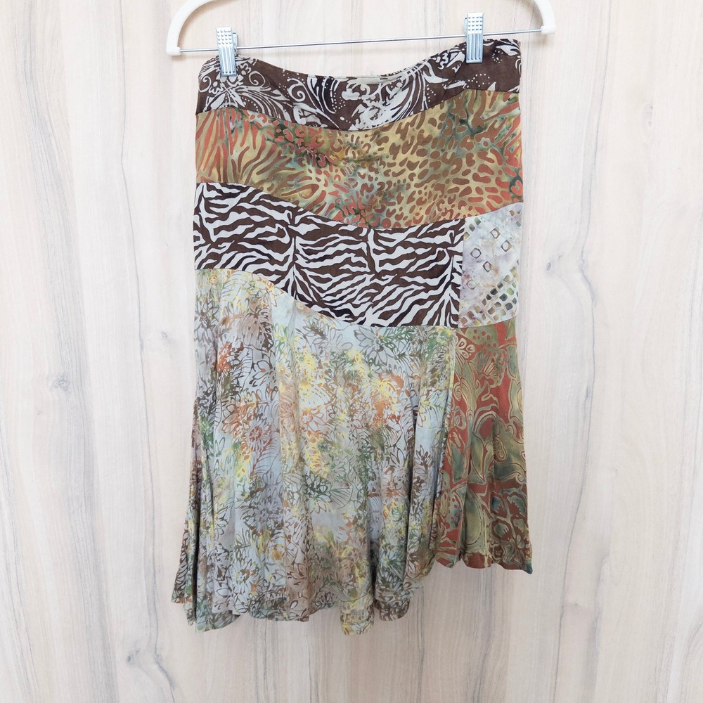 Santiki Patchwork Animal Print Skirt Medium Brown Asymmetric Boho Y2K Hippie